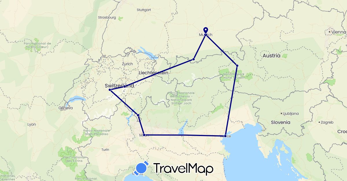 TravelMap itinerary: driving in Austria, Switzerland, Germany, Italy (Europe)